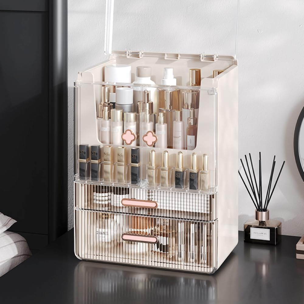Acrylic Makeup Organizer with Drawers – 38.5CM Large Capacity Cosmetic Storage Box, Dustproof & Waterproof Vanity Organizer for Skincare, Jewelry, Lipsticks & Beauty Products (White) - Image 2