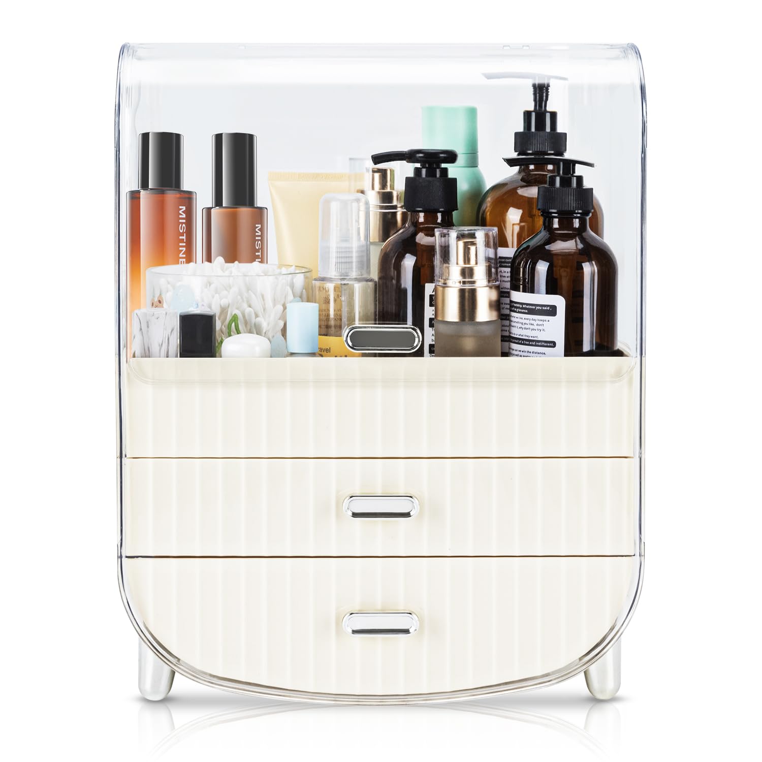 Makeup Organizer, Cosmetics Skincare Organizers with 3-Layer Storage Box and Transparent Cover, Vanity Organizer Countertop for Bathroom, Dresser, Ideal Gifts for Women, White