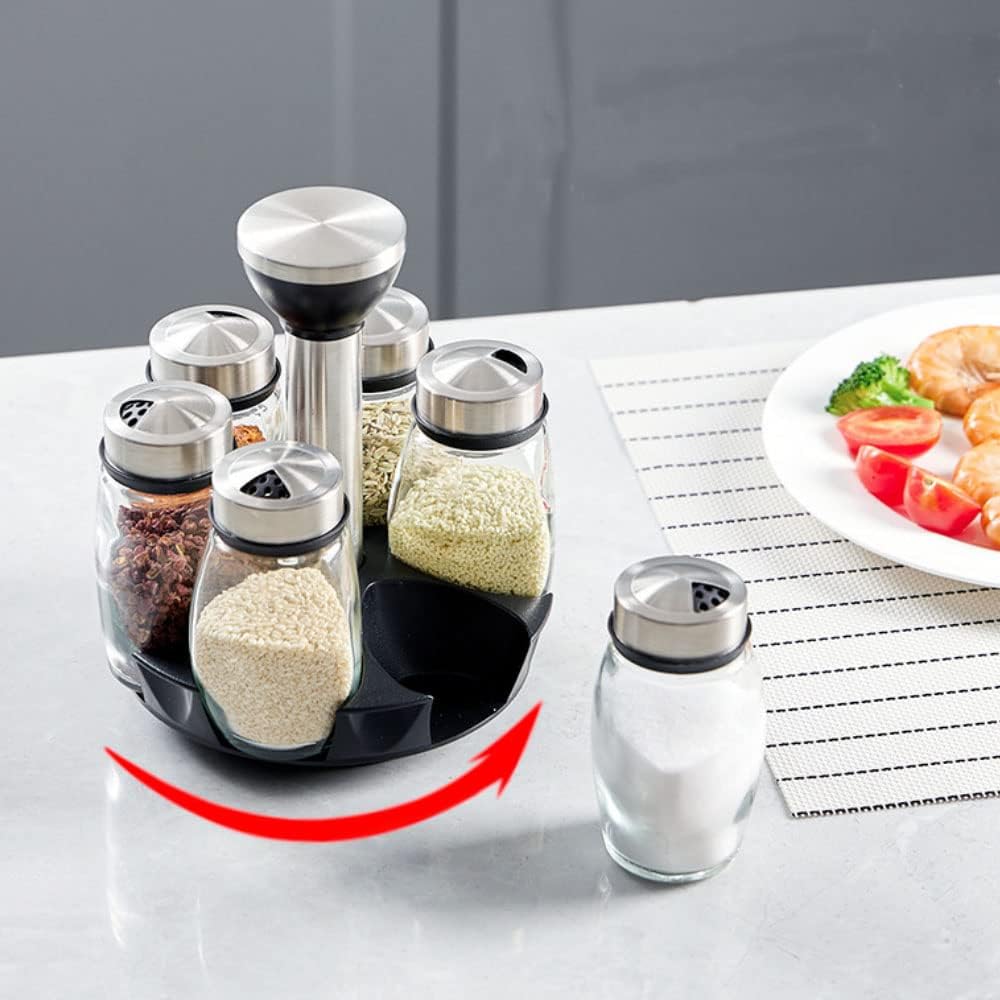 Rotating Spice Rack with 6 pcs Jars Set, Revolving Spice Organizer, Glass Seasoning Jar Household Multi-Functional Rotating Storage box