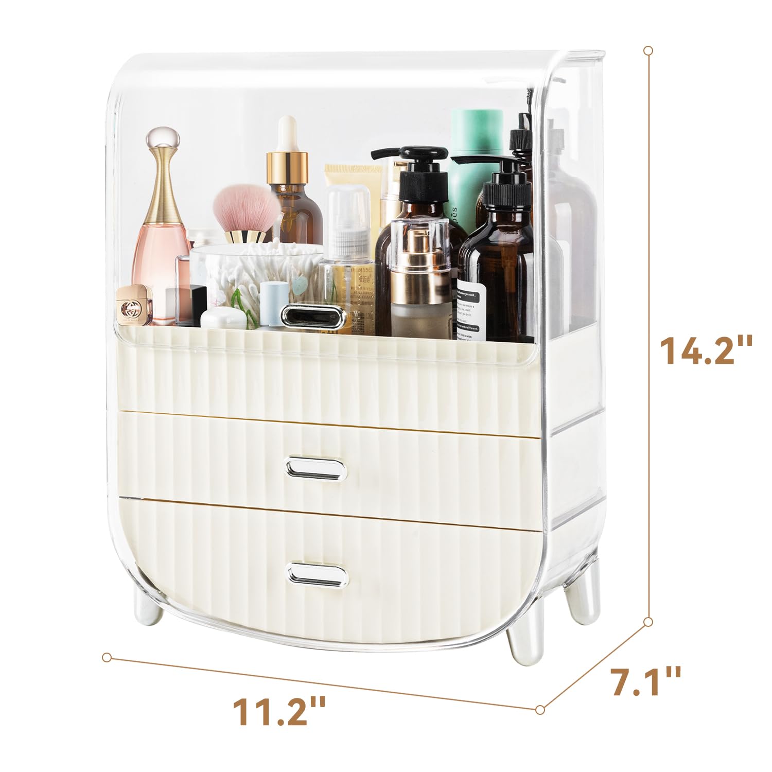 Makeup Organizer, Cosmetics Skincare Organizers with 3-Layer Storage Box and Transparent Cover, Vanity Organizer Countertop for Bathroom, Dresser, Ideal Gifts for Women, White - Image 2