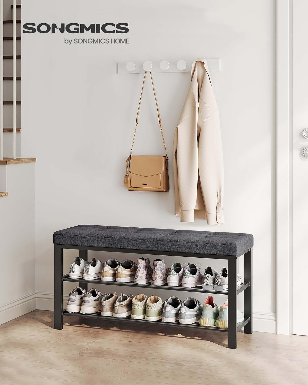 Shoe Bench, Storage Bench, Entryway Bench with Cushion, Shoe Shelf with Seat, Space-Saving, Modern Style, for Living Room, Bedroom, Hallway, Dark Gray and Ink Black - Image 2