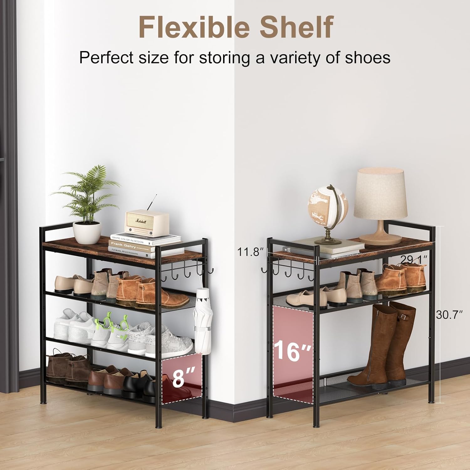 Shoe Rack for Front Door Entrance, 4 Tier Height-Adjustable Metal Shoe Rack, Sturdy Wooden Top and Tiltable Steel Frame Heavy Duty Shoe Organizer for Bathroom,Bedroom,Kitchen,Include Hook - Image 2