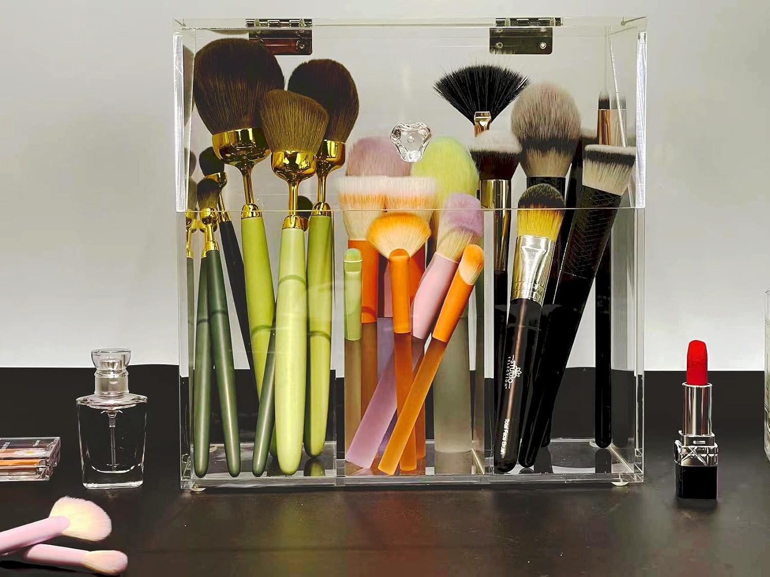 Acrylic Makeup Organizer,Clear Cosmetic Brush Storage Box With 3 Brush Holders,Makeup Brush Holderwith Dust Cover, Large-capacity Split Design Can Quickly Organize the Desktop(No pearls) - Image 2