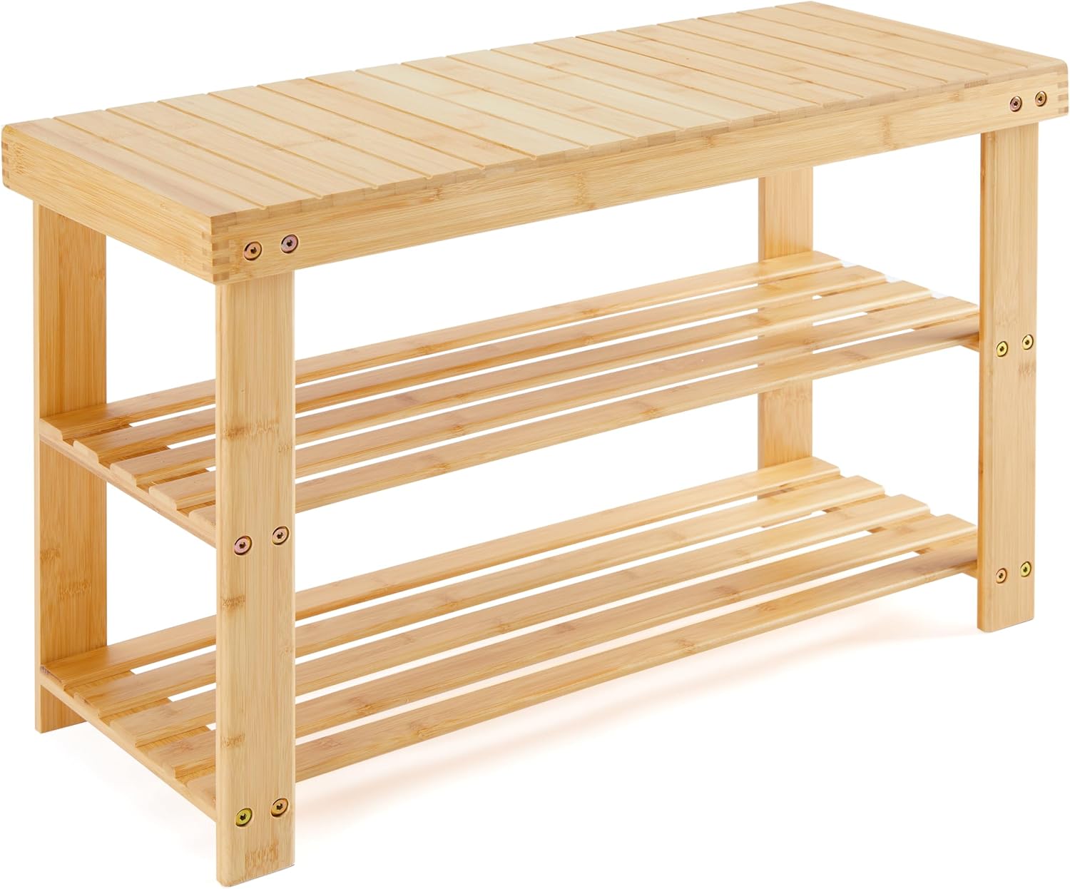 Shoe Rack Bench, 3-Tier Bamboo Storage Organizer, 286lb Capacity Entryway Bench for Front Door, Bedroom, Living Room, Bathroom, Balcony, Stylish Shoes (Wood-Bench)