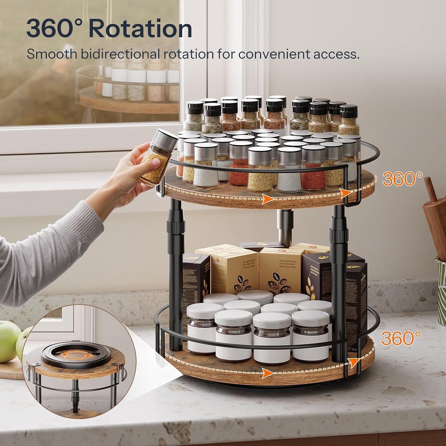 Organizer Spice Rack, 2-Tier Height Adjustable Rotating Lazy Turntable Spice Organizer, for Kitchen Countertop and Cabinet, Rustic Brown - Image 2