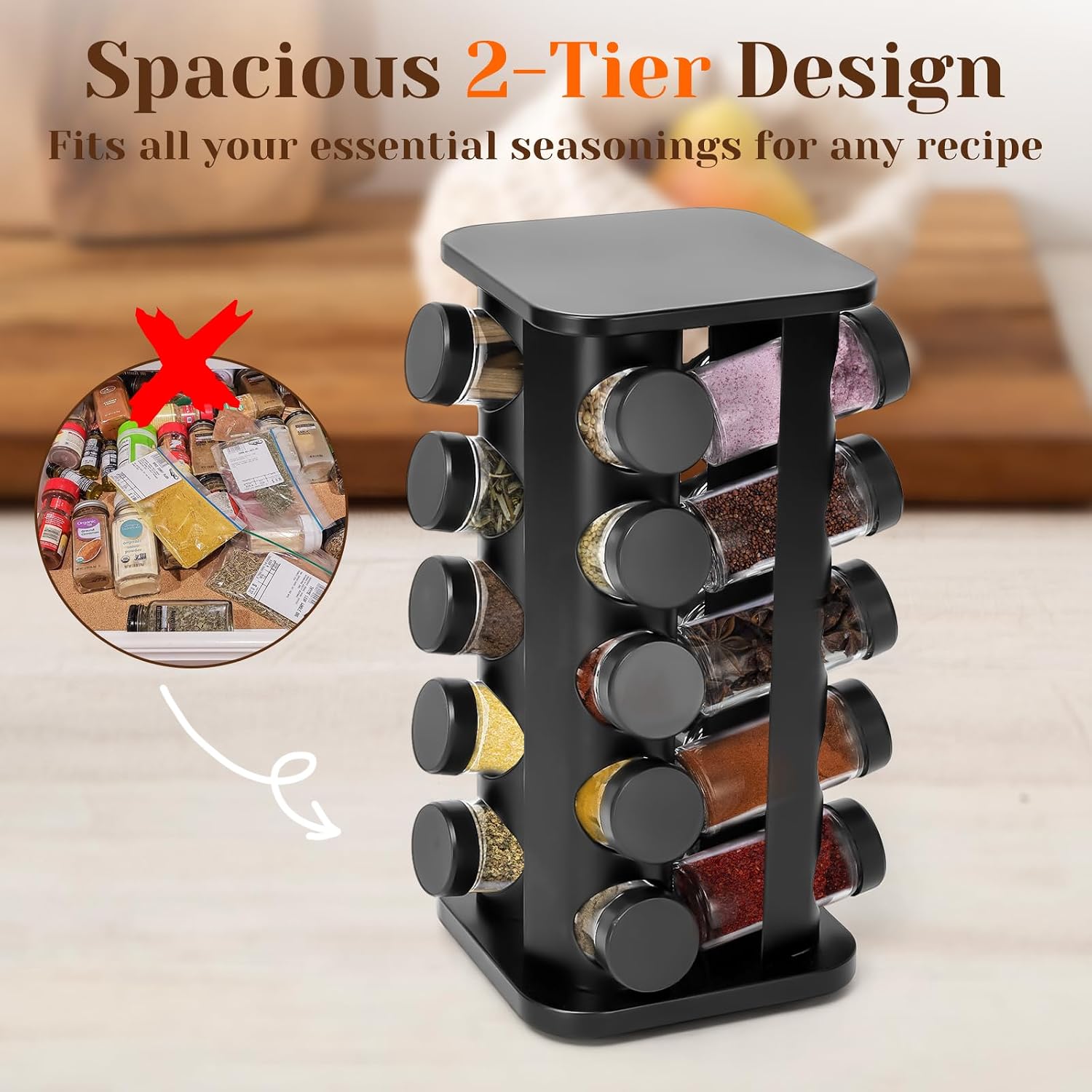 Rotating Spice Rack, Rotatable Spice Rack with Jars, Compact Stainless Steel Space Organizer (Large, Piece, 20) - Image 2