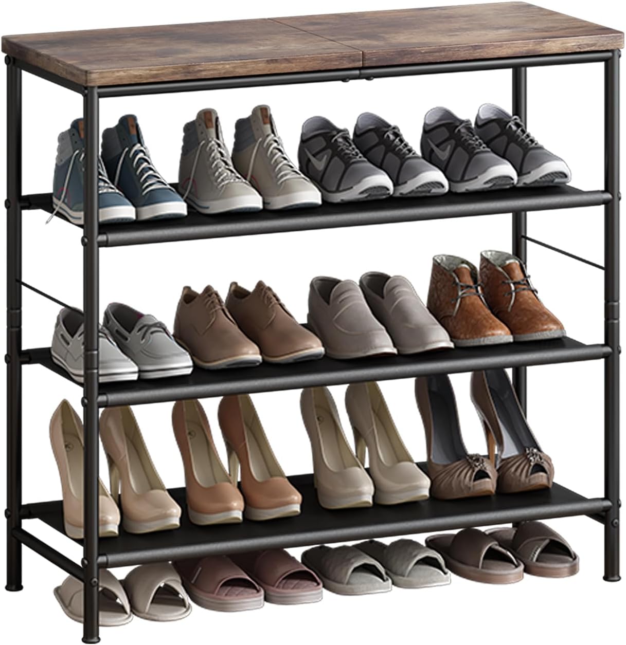 Shoe Rack Organizer 4 Tier Metal Organizer Shelf with Industrial MDF Board and Layer Fabric for Entryway Closet Bedroom Living Room Garage,Black & Rustic Brown (Black+Rustic Brown, 4 Tier) - Image 2
