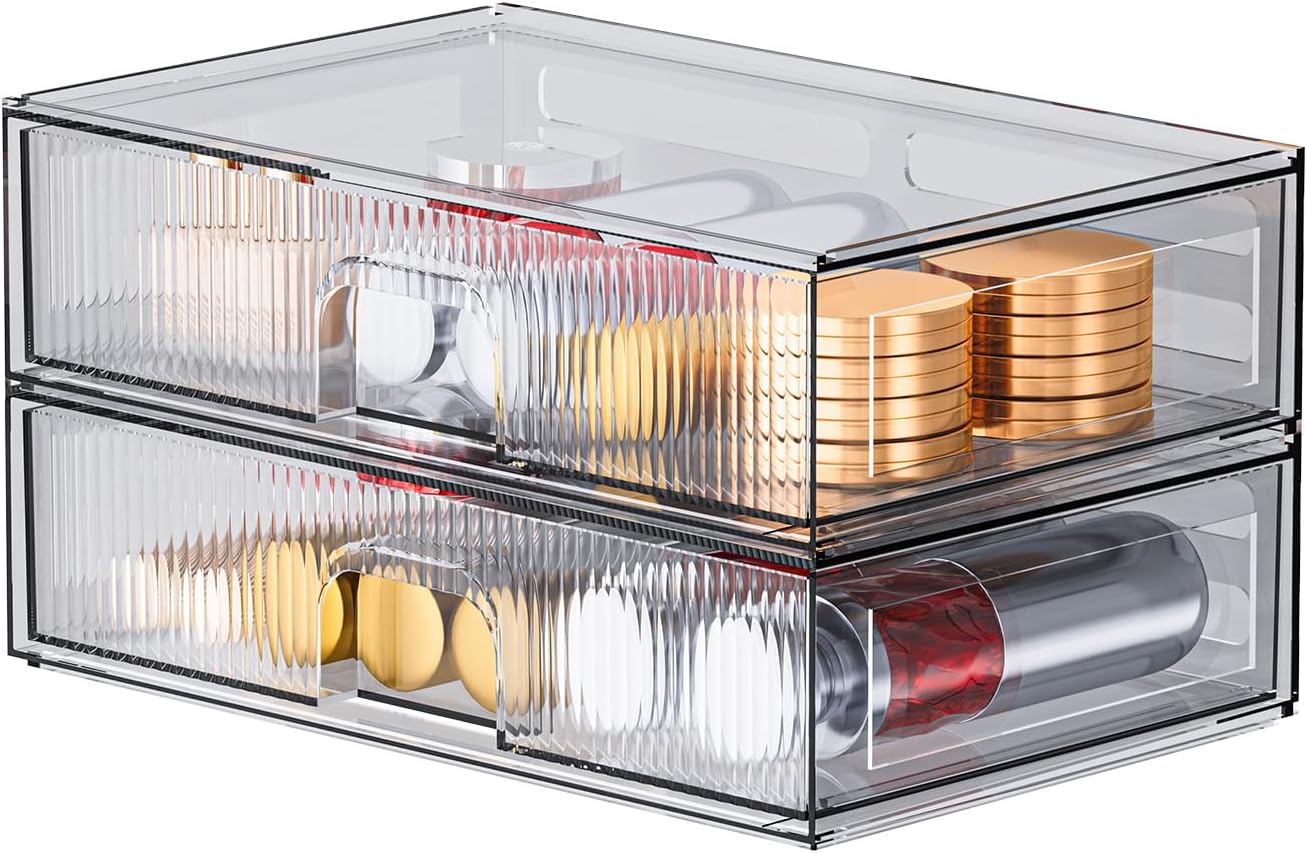 Stackable Storage Drawer, 2 Piece Acrylic Organiser for Cosmetics and Beauty Products, Suitable for Dressers, Bathrooms, Cabinets, Storage Rooms, Bedrooms and Home Organisers