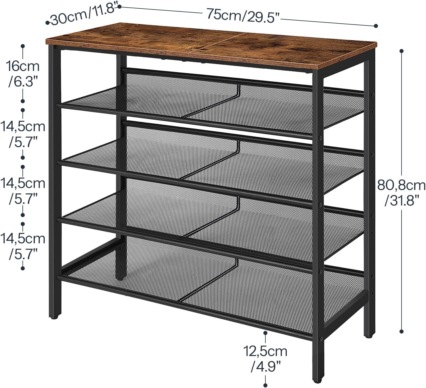 Shoe Rack for Entryway, 5-Tier Shoe Organizer with Adjustable Mesh Shelves, 16-20 Pairs of Shoes, Spacious Floor Mount, Metal, Industrial, Shoe Shelf for Closet, Rustic Brown - Image 2