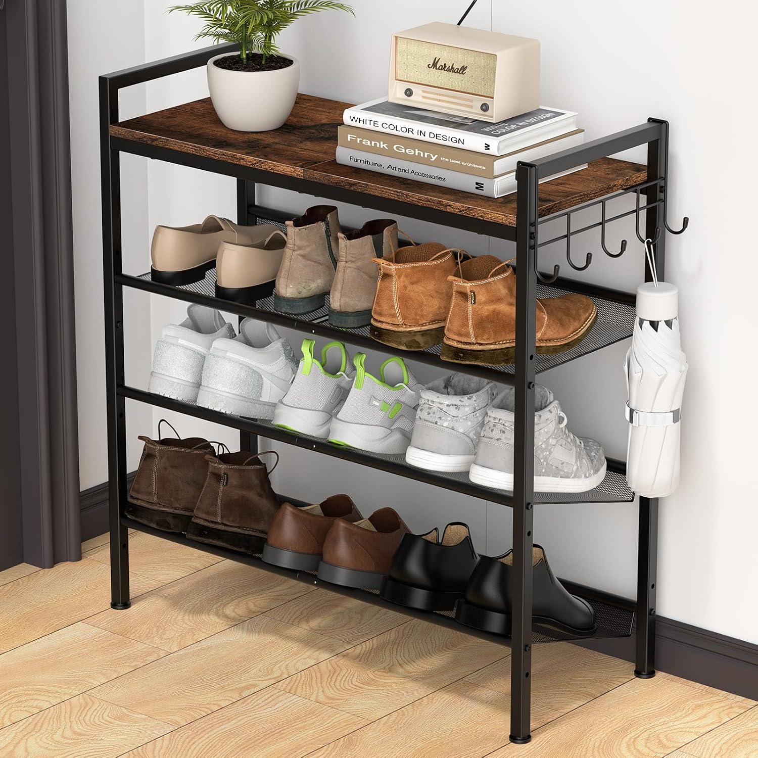 Shoe Rack for Front Door Entrance, 4 Tier Height-Adjustable Metal Shoe Rack, Sturdy Wooden Top and Tiltable Steel Frame Heavy Duty Shoe Organizer for Bathroom,Bedroom,Kitchen,Include Hook