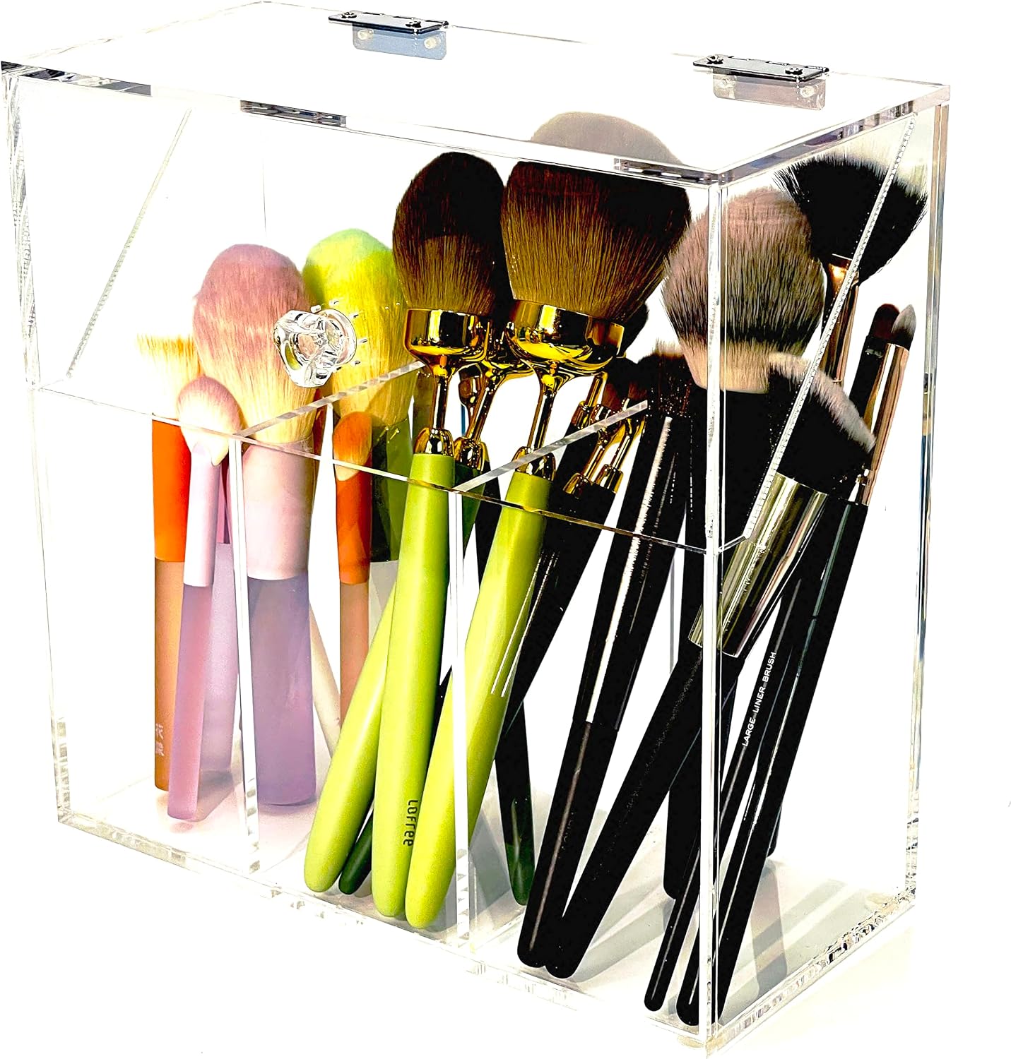 Acrylic Makeup Organizer,Clear Cosmetic Brush Storage Box With 3 Brush Holders,Makeup Brush Holderwith Dust Cover, Large-capacity Split Design Can Quickly Organize the Desktop(No pearls)
