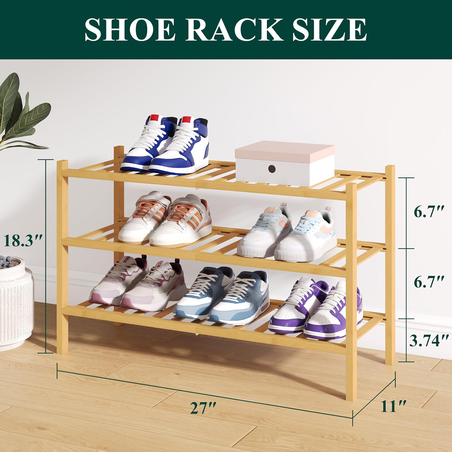 Bamboo Shoe Rack for Closet, 3 Tier Wooden Stackable Shoe Organizer, Free Standing Shoes Storage Shelf for Entryway, Front Door Entrance, Natural - Image 2