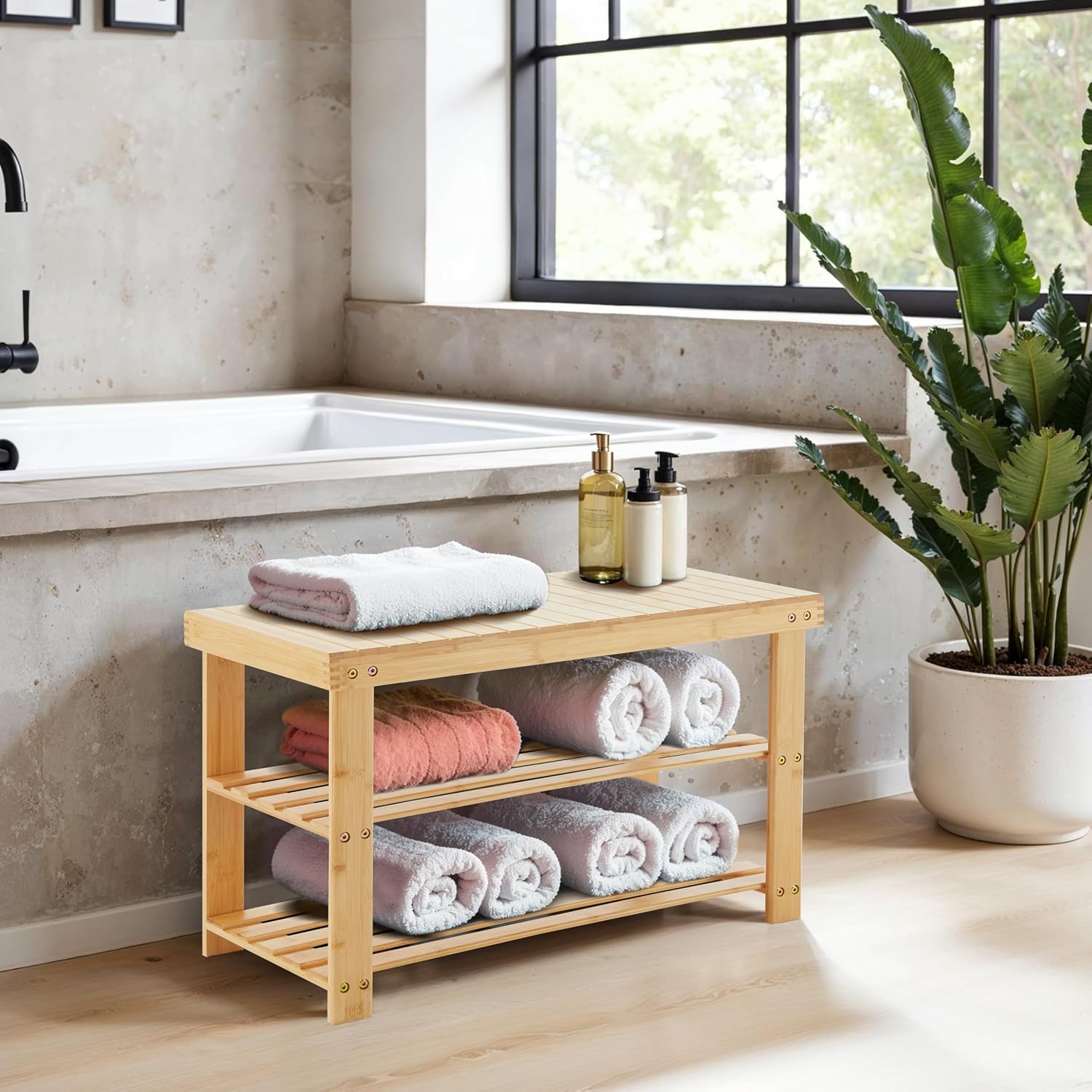 Shoe Rack Bench, 3-Tier Bamboo Storage Organizer, 286lb Capacity Entryway Bench for Front Door, Bedroom, Living Room, Bathroom, Balcony, Stylish Shoes (Wood-Bench) - Image 2