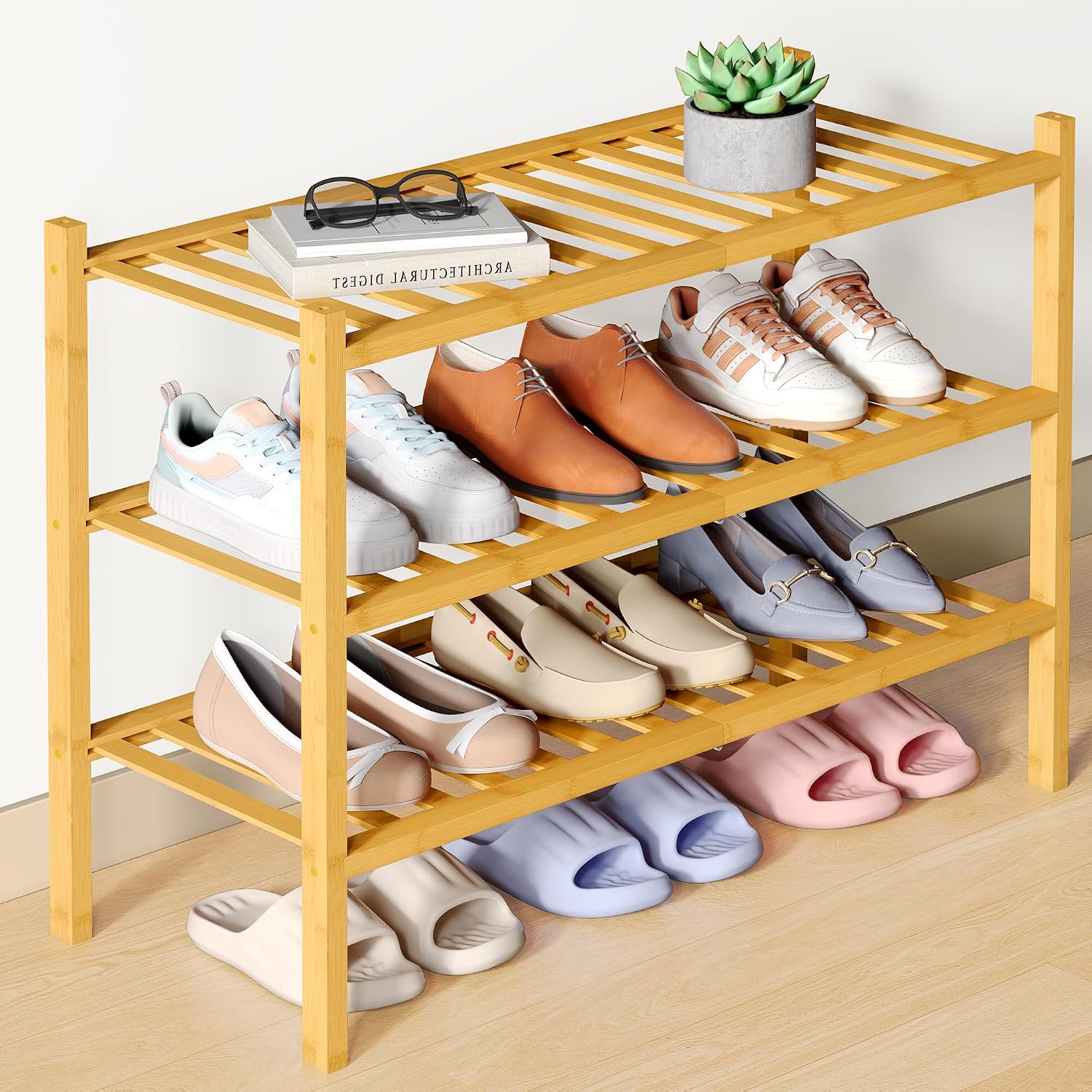 Bamboo Shoe Rack for Closet, 3 Tier Wooden Stackable Shoe Organizer, Free Standing Shoes Storage Shelf for Entryway, Front Door Entrance, Natural